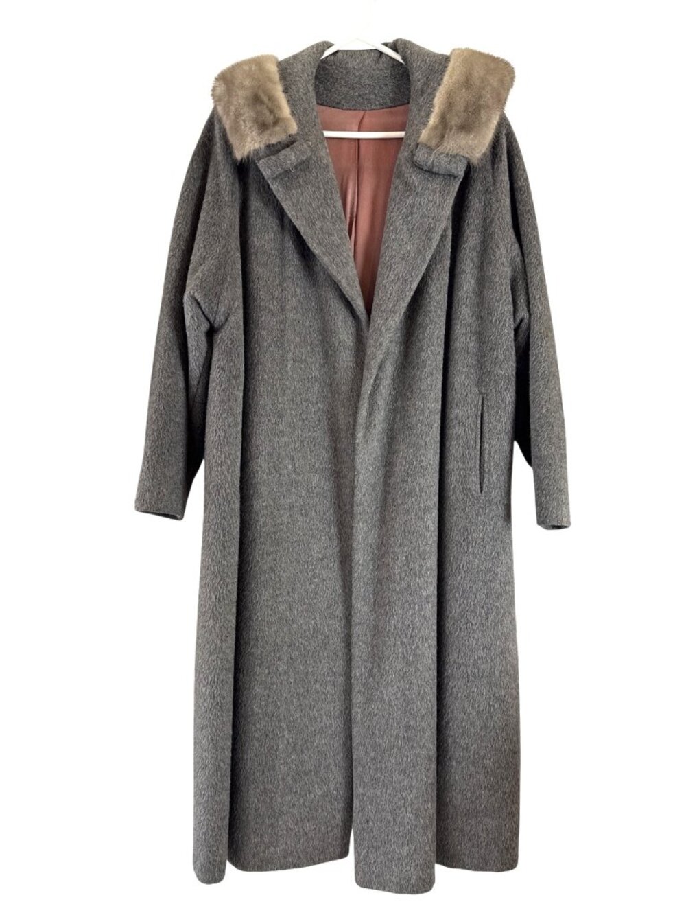 Vintage Gray Wool Coat Fur Collar Windsor Hockanum Fabric Full-Length Women's XL